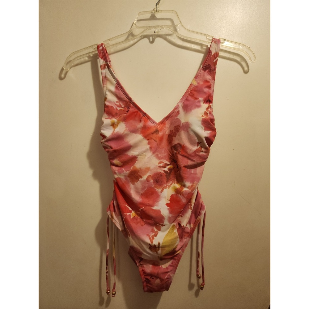 Shade & Shore Pink Orange Floral Ruched One Piece Swimsuit V-Neck Beads S 4-6